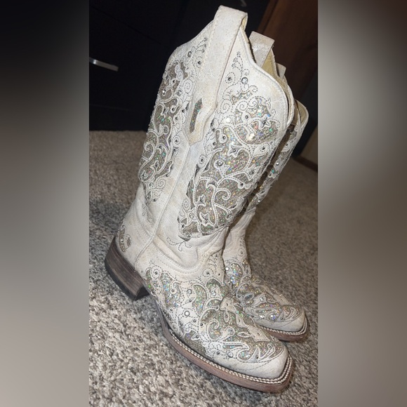 Corral women’s white glittered inlay and crystal square toe cowboy boot A3397 - Picture 3 of 6